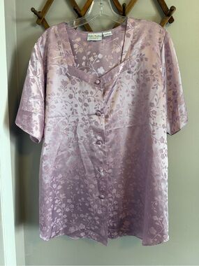Vintage Delta Burke Satin Jacquard Floral Pajama Top Nightshirt Lavender 1X
